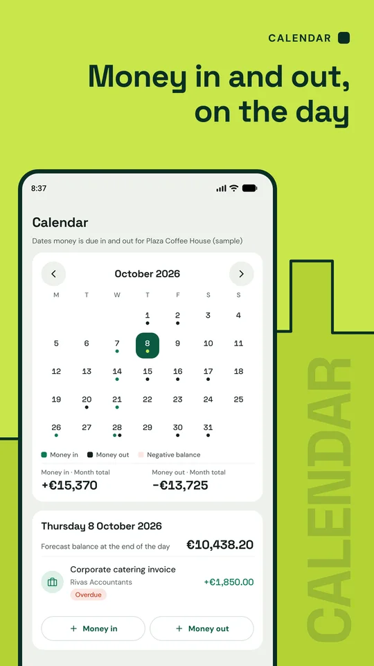 Money in and out, on the day. October calendar with dots on the days money is due in or out and the forecast balance for the selected day.