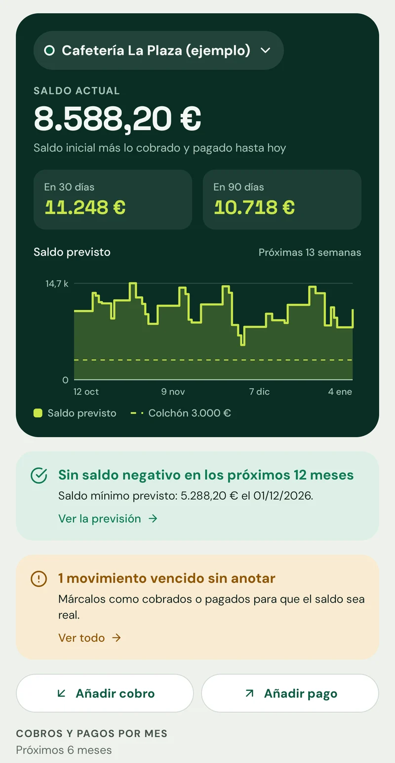 Pantalla Resumen: saldo actual de 8.588,20 €, saldo en 30 y 90 días y gráfico del saldo previsto de las próximas 13 semanas.