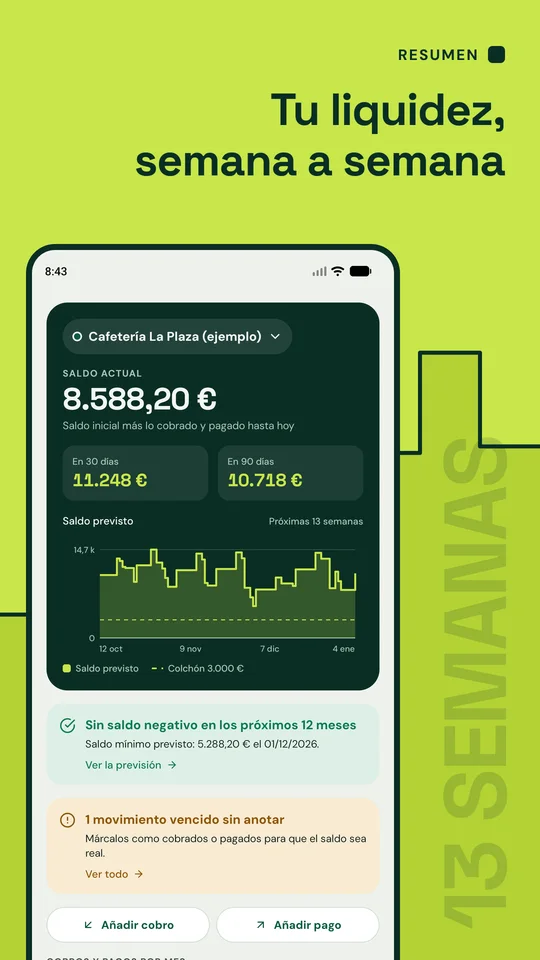 Tu liquidez, semana a semana. Pantalla Resumen: saldo actual de 8.588,20 €, saldo en 30 y 90 días y gráfico del saldo previsto de 13 semanas.