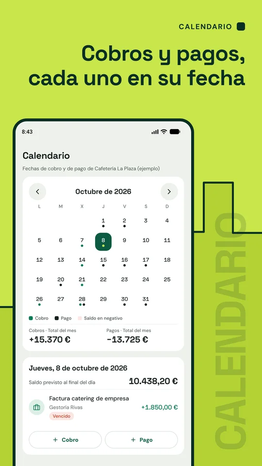 Cobros y pagos, cada uno en su fecha. Calendario de octubre con puntos en los días de cobro y de pago y el saldo previsto del día seleccionado.